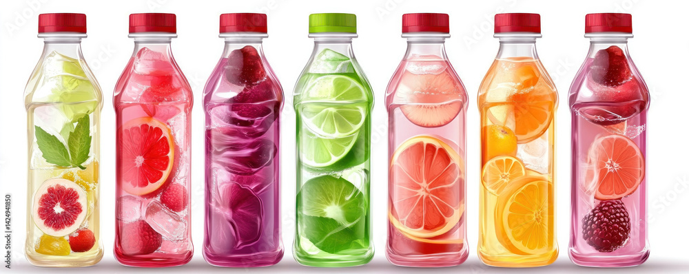 Poster a row of six bottles of fruit juice with different flavors. the bottles are lined up next to each ot