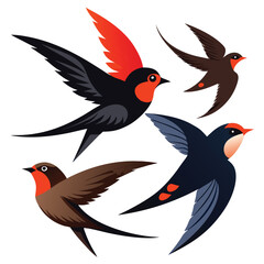 Swallow birds set shilhotee vector isolated on white background