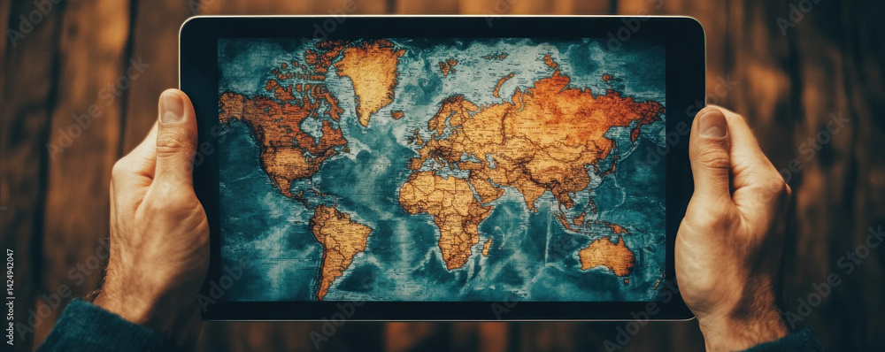 Aufkleber a person is holding a tablet with a map of the world on it. concept of exploration and curiosity, as