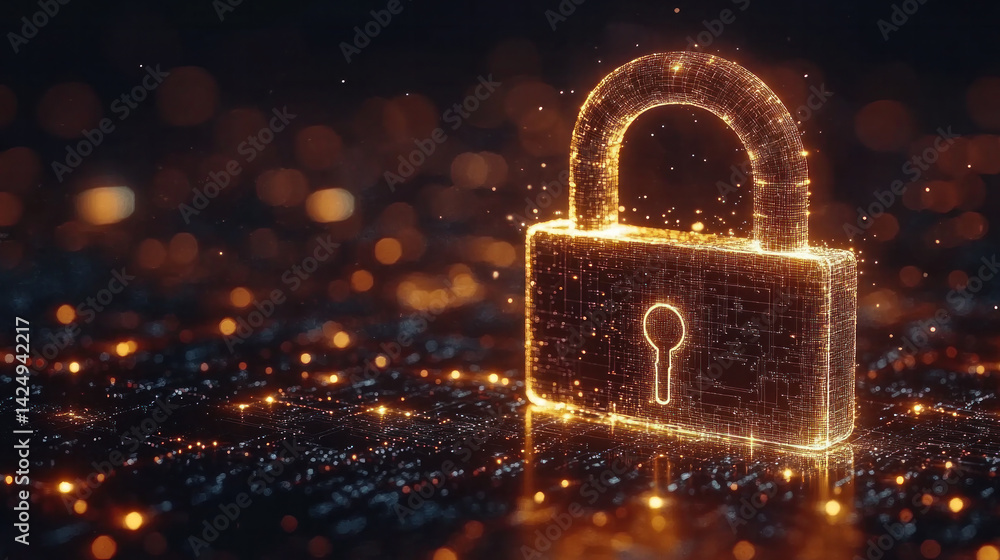 Poster a glowing lock with a key on it. the lock is surrounded by a glowing background. concept of security