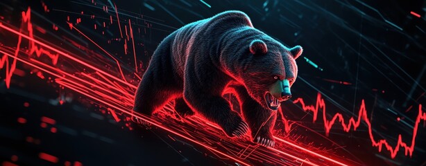 Fierce Bear Crashing Down Through Red Financial Graph showing Symbolizing Bear Market Collapse  with Economic Fear and Digital Trading Volatility in a Tech-Driven World
