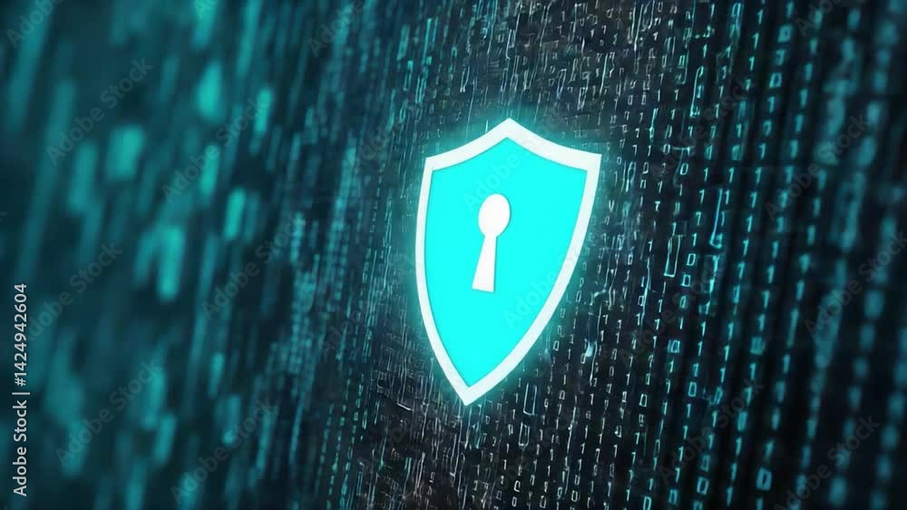Poster digital shield and binary code concept for cybersecurity themes
