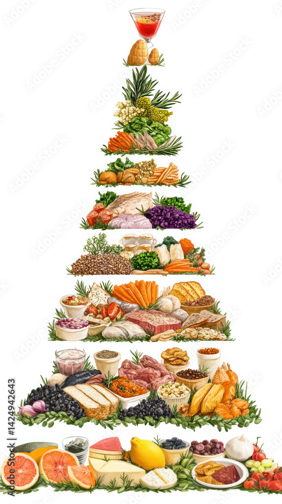 Poster A tall food pyramid with many different types of food on it. The pyramid is made up of different layers, each with a different type of food. The top layer is made up of fruits and vegetables