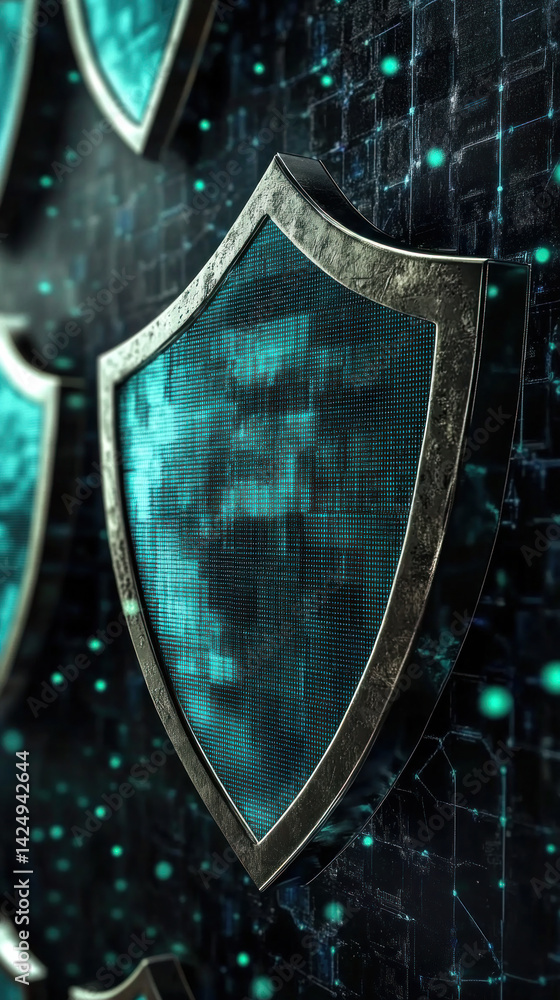 Poster a series of blue shields with a silver frame. the shields are all different sizes and shapes. the sh