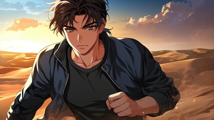 Anime style male character with dark hair and intense expression standing in desert landscape at sunset wea casual jacket and t-shirt visualization artwork