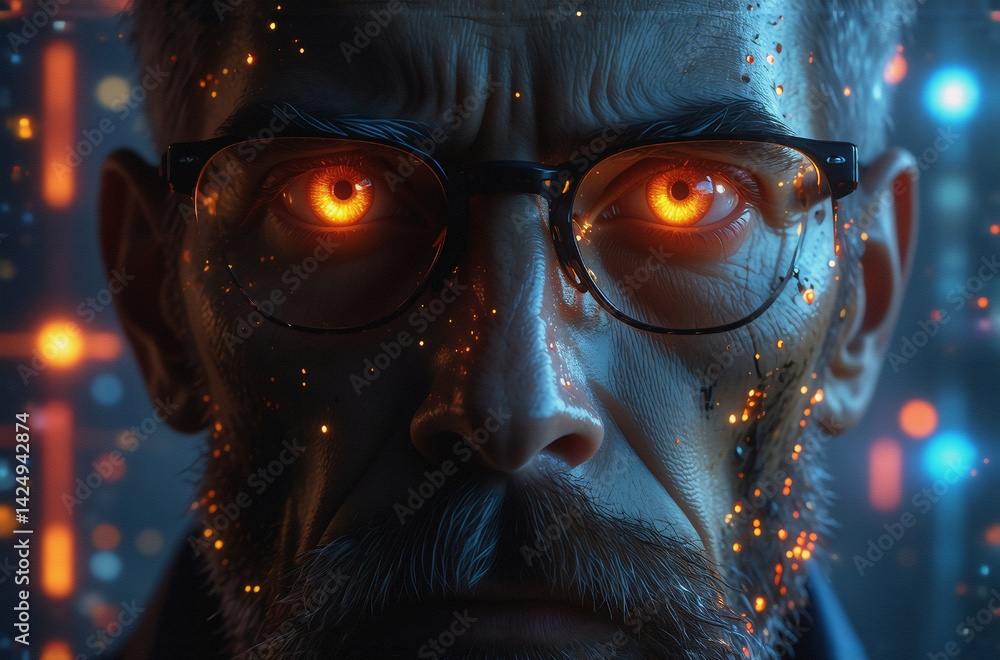 Poster a determined individual with glowing eyes and spectacles gazes intently. a futuristic, digital world