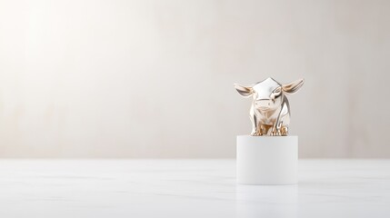 Gold Cow figurine on a white pedestal