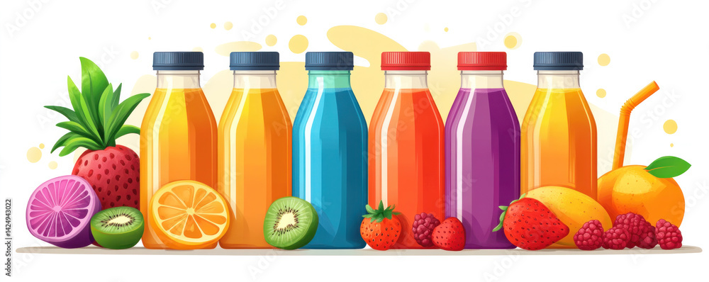 Poster a row of colorful juice bottles with fruit on the side. the bottles are arranged in a row and the fr