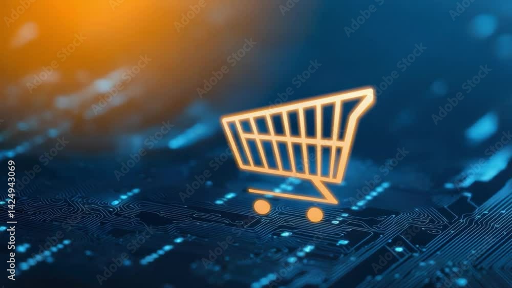 Poster digital shopping cart on technology background with circuit design
