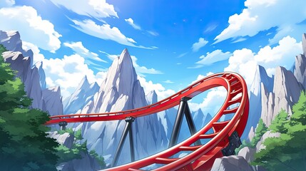 Colorful roller coaster track twisting through lush green mountains under a bright blue sky with scattered clouds in a vibrant amusement park scene