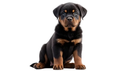Rottweiler puppy isolated on transparent background – realistic PNG of strong and adorable young dog sitting, perfect for pet designs, branding, and educational materials