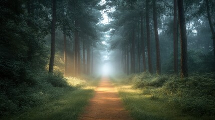 Obraz premium Forest pathway shrouded in mist, inviting exploration and tranquility