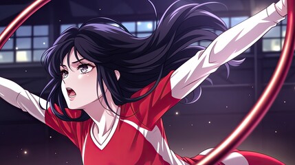 Dynamic anime style illustration of a fierce female character with long flowing black hair wea a red sports jersey in an energetic pose with night city lights in the background