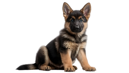 German Shepherd puppy isolated on transparent background – realistic PNG of adorable young dog sitting, perfect for designs, pet themes, and educational materials