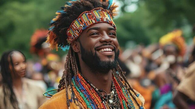 Regal Smile: A striking portrait of an individual adorned in vibrant cultural attire, exuding an air of confidence and joy. set against the backdrop of a lively gathering.
