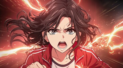 Dynamic anime style illustration of fierce young woman with flowing hair, lightning energy, intense facial expression, in a dramatic action pose