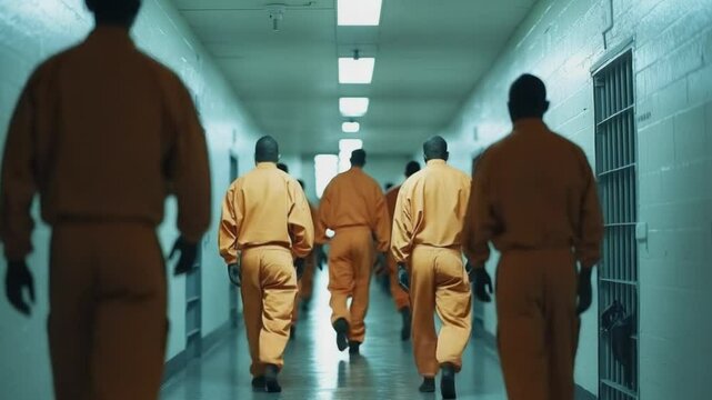 Prisoner's March: A compelling and stark portrayal of inmates walking down a prison corridor, conveying the somber reality of incarceration and the somber atmosphere. 