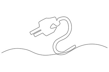 Continuous one line drawing of Electric plug in. Single line drawing illustration of Electrical plug. Go green energy concept vector art. Doodle line illustration.
