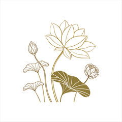 Minimalist Line Art Lotus Flower with Leaves – Elegant Botanical Illustration