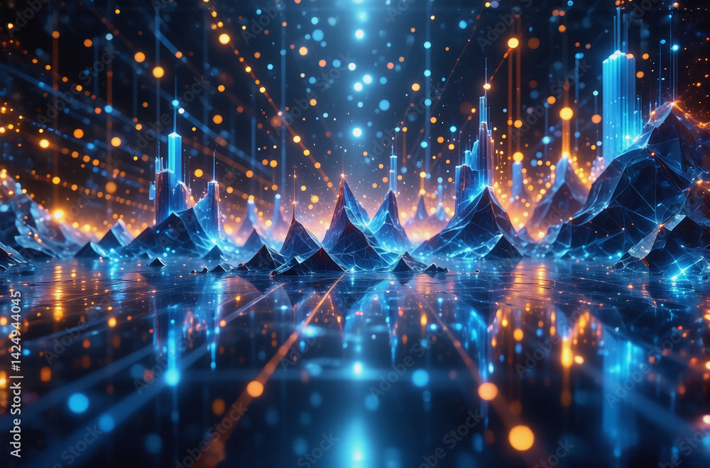 Aufkleber image shows a digital landscape with glowing peaks reflected in a mirrored surface. orbs and lines o