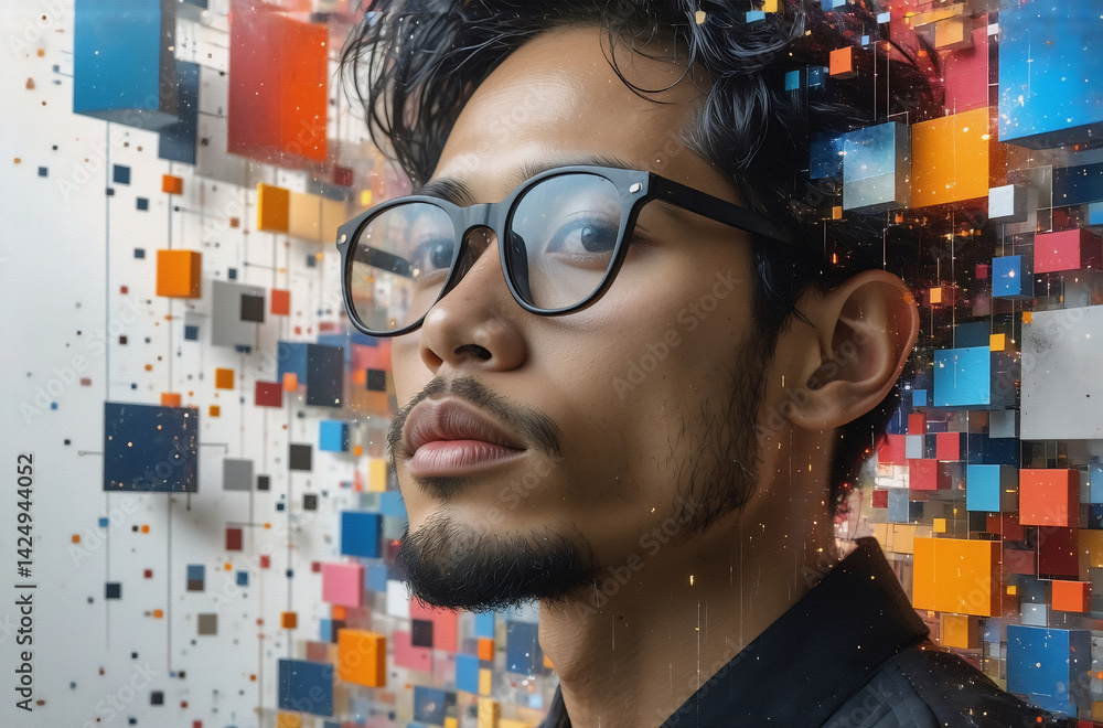 Aufkleber a person with glasses gazes thoughtfully. colorful pixelated cubes surround him. digital world explo