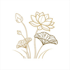 Minimalist Line Art Lotus Flower with Leaves – Elegant Botanical Illustration