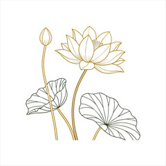 Minimalist Line Art Lotus Flower with Leaves – Elegant Botanical Illustration