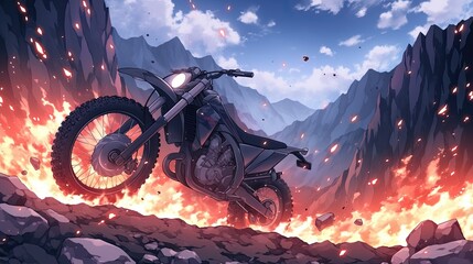 Epic mountain motorcycle crash scene with fiery explosion, rugged terrain, dramatic sky, detailed motocross bike, and towe rocky cliffs in a fantasy landscape