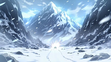 Stunning icy mountain landscape with snow-covered peaks and a bright shining sun in a cold winter scene with dramatic sky and frosty environment