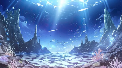 Vibrant underwater scene featu sun rays shining through clear blue water illuminating colorful coral reefs and diverse marine life undersea landscape with rock formations