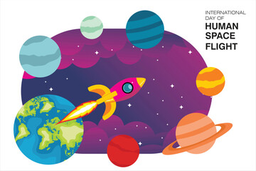 Colorful flat illustration for International Day of Human Space Flight. Featuring a rocket flying through space surrounded by planets and stars. Perfect for science events and space exploration themes © Edy