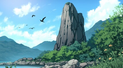 Serene landscape featu a towe rock formation amidst lush greenery, a peaceful river flow, distant mountains, a bright sky with clouds, and birds flying overhead