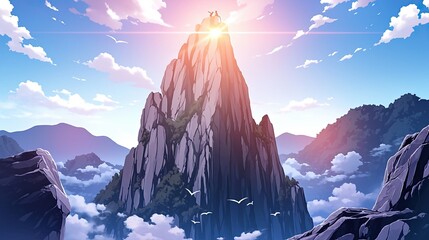 Majestic mountain peak illuminated by sunrise amidst a dramatic sky with clouds and surrounding rocky terrain creating a breathtaking natural landscape scene