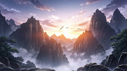 Breathtaking panoramic view of majestic jagged mountain peaks with misty valleys and vibrant sunrise sky illuminating the rugged landscape and flying birds