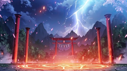 Mystical Japanese shrine surrounded by lightning storm and fiery embers with tall mountains and lush trees in a fantasy landscape scene