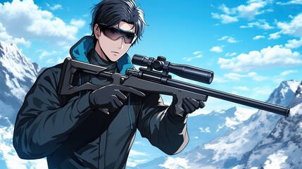 Anime Style Male Character Holding Rifle in Mountain Landscape with Blue Sky and Snow-Capped Peaks for Action Adventure or Gaming Illustration