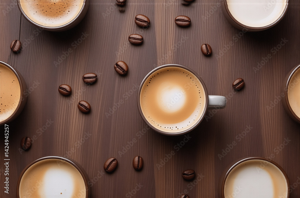 Aufkleber overhead shot of several coffee cups with latte art and scattered coffee beans on a dark wood surfac