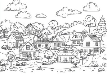 Obraz premium Black and white illustration of a quaint village nestled on rolling hills.