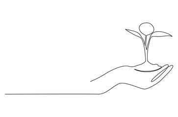 Continuous one line drawing of Hands holding growing seedlings. Single line drawing illustration of Hands holding leaf. Go green energy concept vector art. Doodle line illustration.