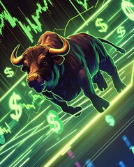 Bull market surge of digital bullish rally in neon finance growth stlye of green stock momentum
cyber investment bull
