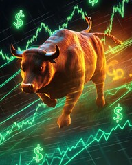 Bull standing on global map with heartbeat graph and digital financial chart background