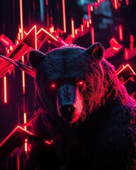 Bear with glowing red stock market arrows crashing down behind, neon lights and dramatic shadows creating tension, more clarity with clear light and sharp focus, high detailed