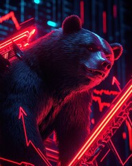 Bear with glowing red stock market arrows crashing down behind, neon lights and dramatic shadows creating tension, more clarity with clear light and sharp focus, high detailed