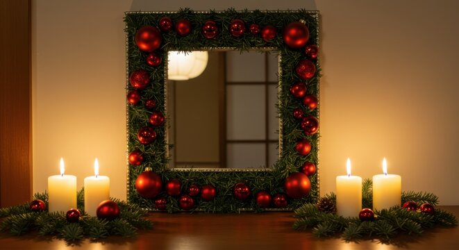 クリスマス装飾を施した鏡とキャンドルのホリデーデコレーション