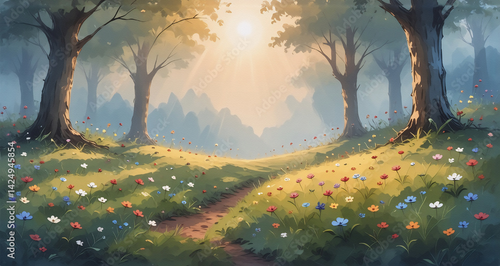 Poster a sunlit path winds through a vibrant forest meadow, hinting at a secret journey. trees frame the sc