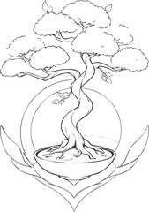 Hinoki Cypress Bonsai Vector. Serene Bonsai Tree in Crescent Moon Bowl, Line Art Design