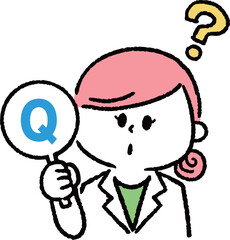クエスチョンマークを持つ白衣を着た女性