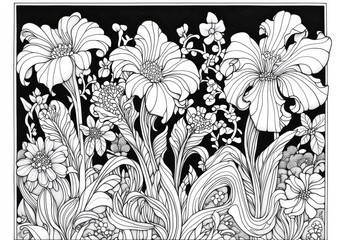 Monochrome floral illustration with intricate line art and stylized flowers.