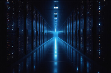 A long, glowing corridor of server racks in a data center. The image focuses on the illuminated path. A sense of technological advanced, infrastructure is presented.