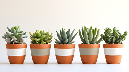 A charming set of small terracotta pots with white and sage green accents, each holding vibrant succulents or cacti. Perfect for minimalist indoor gardens, home decor, or plant lovers. Stylish